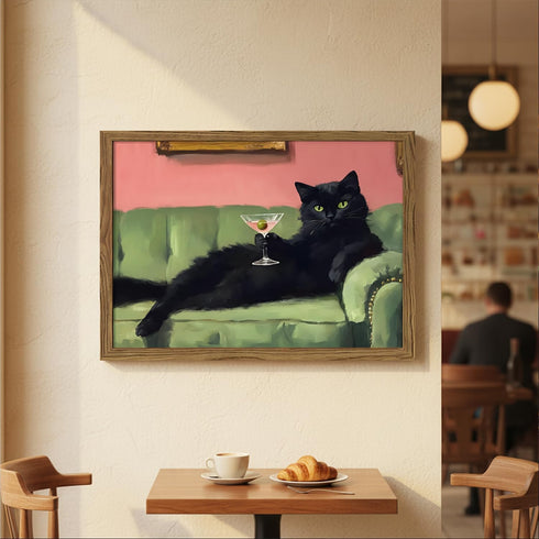 8x10 inch Funny Black Cat Martini Wall Art Eclectic Whimsical Cat Wall Decor Cocktail Bar Cart Painting Canvas Print