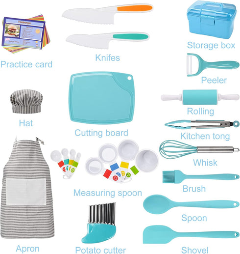 Set Kids Cooking and Baking with Storage Case Real Cooking Supplies with Cookbook Knives Apron Chef Hat Kids Cooking