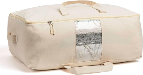 Soft Canvas Storage Bags with Zipper. Thick Breathable, 1pc King/Queen Comforter Organizer. Four Carrying Handles and Window. Large 25x19x9in Bag for Sheets Blankets Bedding Pillows, Clothes by VeraMia