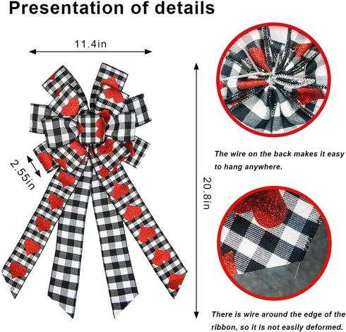 Hying Large Valentine's Day Bows for Wreath, Black White Buffalo Plaid Bows with Glitter Red Hearts for Decorations