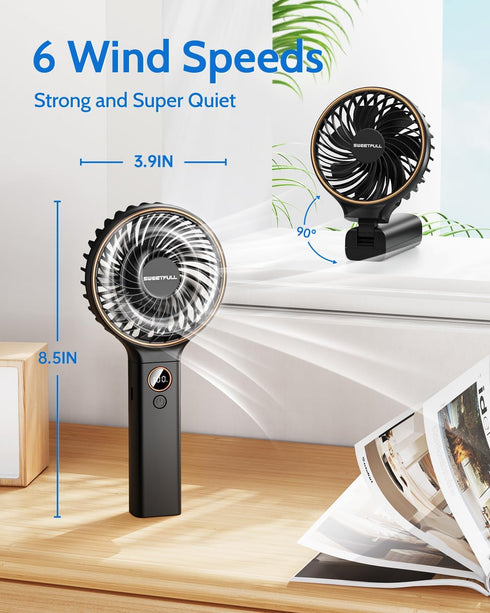 SWEETFULL Handheld Fan, Portable Fan, 5000mAh Rechargeable Battery, 6 Speed Wind, Mini Travel Fan with Backup Power
