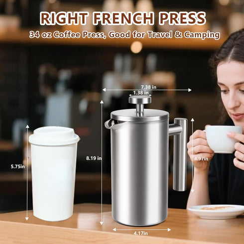 AgcKuzt 34 oz, 4 2 French Press Full Stainless Steel French Press Coffee Maker Cups, Upgrated Double-Walled Insulated