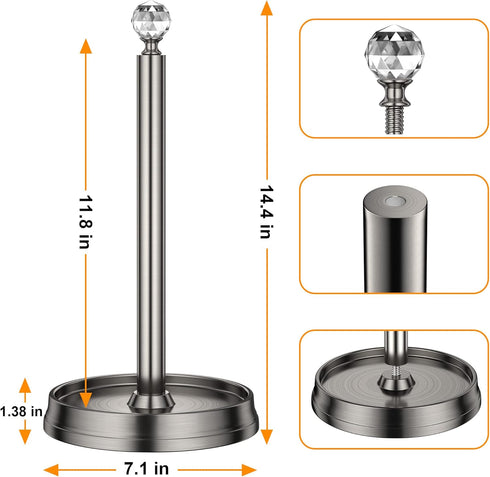 Paper Towel Holder (with Crystal Ball) Steel Paper Towel Holder countertop,Paper Towel Holder Stand for Kitchen Countertops, Bars & Dining Tables,Fits Standard & Jumbo Rolls,Brushed Nickel by Kasunto