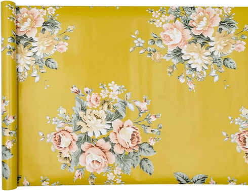 Yifely Vintage Peony Floral Shelving Paper Dark Yellow Peel & Stick Shelf Liner, 17.7 Inch by 9.8 Feet