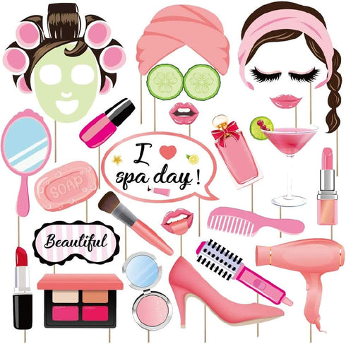 25Pcs Spa Photo Booth Props with Stick - Makeup/Spa Party Decorations for Women, Girls, Birthday Selfie Props
