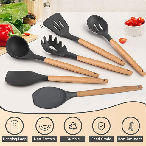 Kitchen Cooking Utensils Set, 6Pcs Silicone Gadgets with Wooden Handle, Heat Resistant Spatula, Ladle, Turner Set