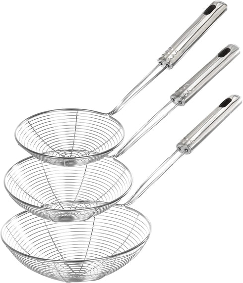 Enhanced Version Stainless Steel Spider Strainer Skimmer Ladle, Set of 3 Sizes for Cooking and Frying