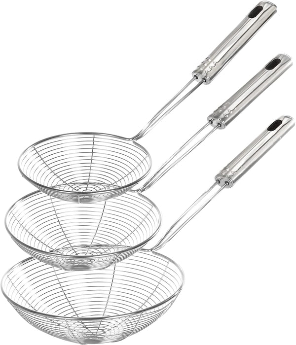Enhanced Version Stainless Steel Spider Strainer Skimmer Ladle, Set of 3 Sizes for Cooking and Frying