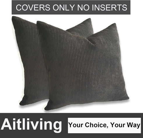 2 pcs Pack Throw Pillow Covers Corduroy Solid Soft Chestnut Brown 18x18 Inch Decorative Pillow Cases