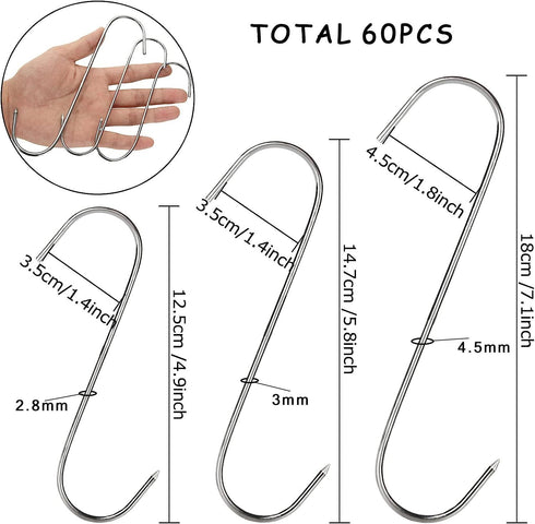 60PCS 5inch 6inch 7inch Meat Hooks for Hanging - Stainless Steel Meat Hooks for Smoker - Butchering Smoking Hanging