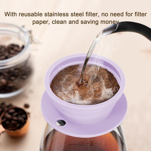 Collapsible Paperless Pour Over Coffee Maker, Reusable Silicone Dripper with Stainless Steel Mesh Filter