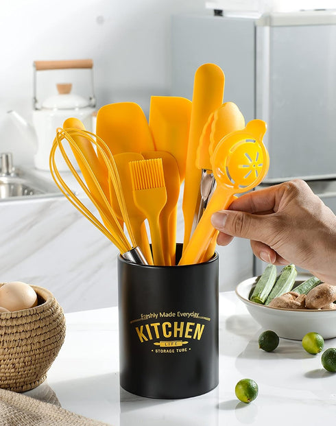 Silicone Spatula Set of 11 Kitchen Utensils with Iron Holder for Baking, Cooking, and Mixing, Dishwasher Safe, Yellow