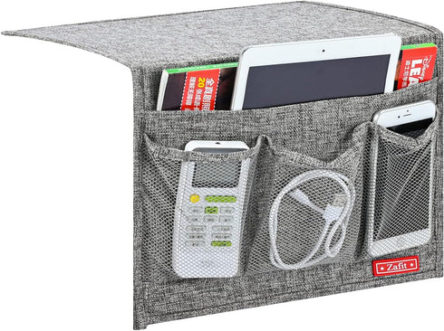 Linen 4 Pockets Bedside Caddy, Storage Organizer for Magazine, Remotes, Phone (Classic Grey)