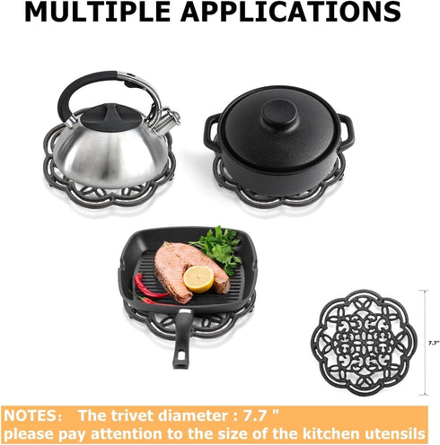 Yopay 2 Pack Heavy Duty Cast Iron Trivet, 7.7 inch Round Metal Holders for Hot Pans, Rustproof with Rubber Pegs