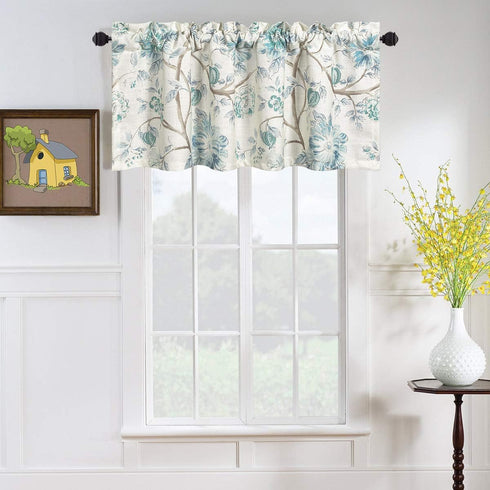 VOGOL Blue Spring Flower Window Valance, Country Style Faux Linen Decorative Topper for Kitchen, 52 x 18 Inches, 1 Panel