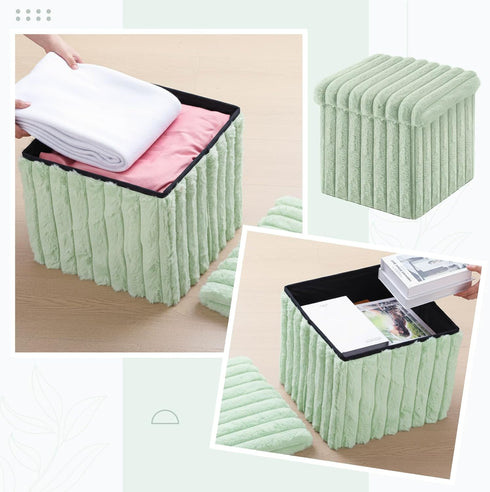 15x15x13 Inch, 265lbs Wenqik Green Storage Ottoman Cube, Fluffy and Furry Green Square Foot Rest Stool, Foldable