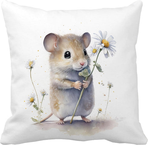 Cute Mouse and Flower Throw Pillow Cover, 18x18 Inch Sweet Floral Mice Cushion Case for Home Room Decor