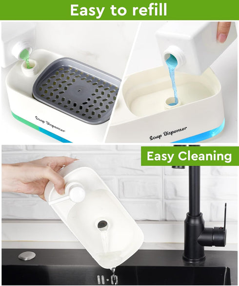 Hand and Dish Soap Dispenser Set, Dual Soap Pump with Sponge Holder for Kitchen Sink, 3-in-1 Gadgets - White