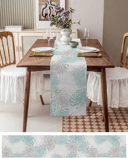 PIEPLE 13x72inches Aqua Chrysanthemum Flowers Table Runner-Cotton Linen-Long Dresser Scarves,Floral Grey Tablerunner