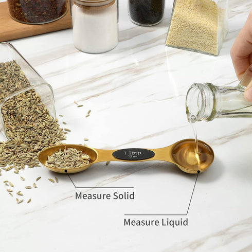 Magnetic Measuring Spoons Set, Stainless Steel, Dual Sided, Stackable, Set of 8 (Gold)