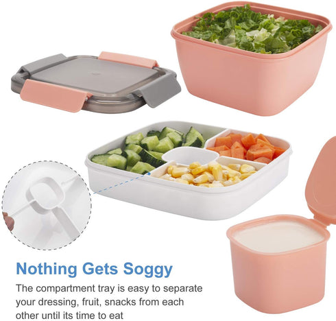 Freshmage Salad Lunch Container To Go, 2 Packs 52-oz Bowls with 3 Compartments for Salad Toppings