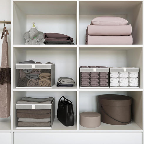 Storage Bins with Clear Window, Foldable Linen Closet Organizers for Towels, Books, Toys, 12.75" x 12.75" x 9", Gray,