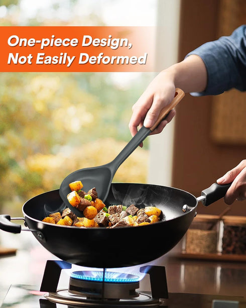 Nonstick Silicone Spatula, Flexible Edge for Pans, Heat Resistant BPA-Free Kitchen Spatulas with Wooden Handle (Grey)