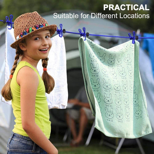 2 Pack Portable Clothesline with 12 Clothespins, Windproof Retractable Elastic Laundry Line for Drying