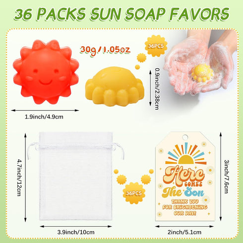 36 Sets Loopeer Sun Soaps for Baby Shower Party Favors Mini Handmade Sunshine Soap Gifts with Thank You Card for Guest