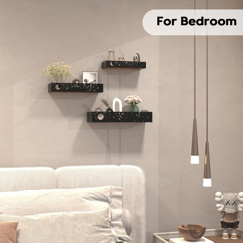 Set 3 Moon and Stars Wall Shelves Black, of Small Floating Shelves for Bedroom Living Room Wall Storage or Decor, Brown