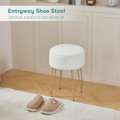 BRIAN & DANY Vanity Stool, Faux Fur Vanity Stool Chair with Storage, Round Makeup Chair Soft Padded Seat with Legs