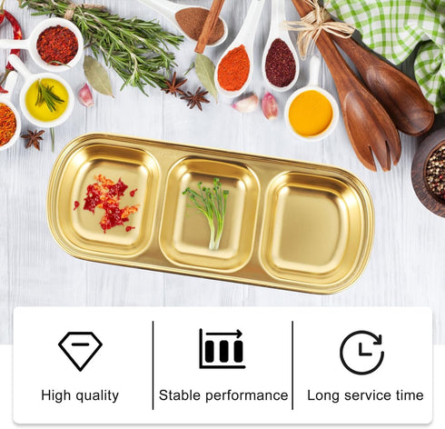 DOITOOL 2Pcs Stainless Steel Dipping Bowls, 3 Compartment Appetizer Serving Tray for Soy Sauce, Ketchup, BBQ (Gold)
