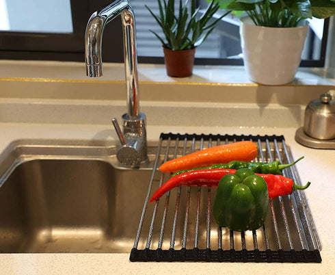 Roll Up Dish Drying Rack Over The Sink, Portable Stainless Steel Folding Mat for Kitchen Counter (Black,