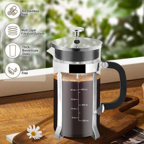 French Press Coffee Maker, 34oz 304 Stainless Steel with 2 Filters, Heat Resistant Borosilicate Glass, BPA Free