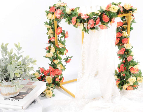 Miracliy 8Pcs 66FT Flower Garland, Orange and Champagne Artificial Rose Floral Vines for Wedding Decoration