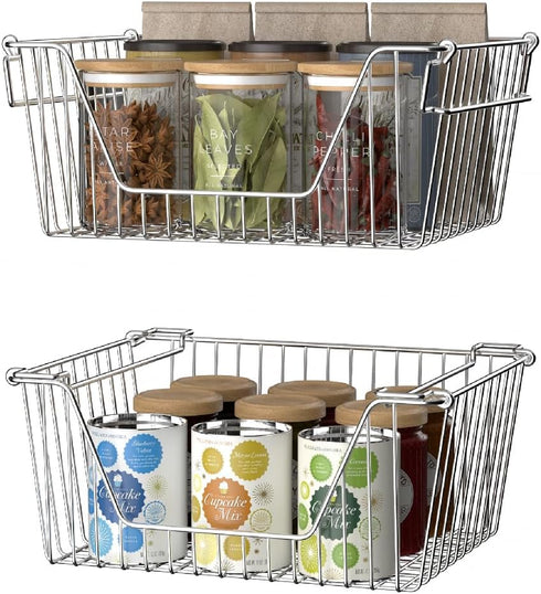 Slideep Large Stackable Storage Baskets - Sturdy Metal Wire Pantry Organizer for Home, Bathroom, Kitchen