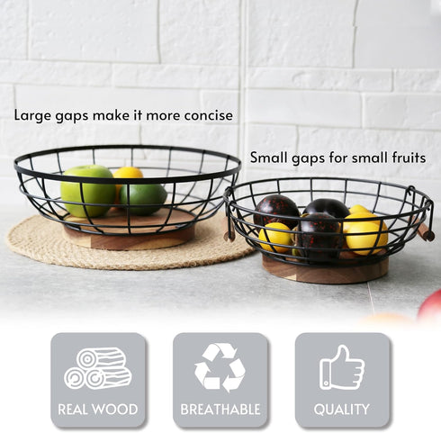 Black Wire Fruit Basket with Acacia Wood Base, Large Fruit Bowl for Countertop, Storage for Fruits, Breads, Vegetables