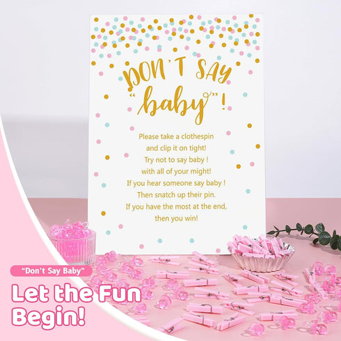 Don't Say Baby Shower Clothespin Game for Girl, Includes 8x11 Standing Sign, 60 Mini Pink Clothes Pins and Pacifiers