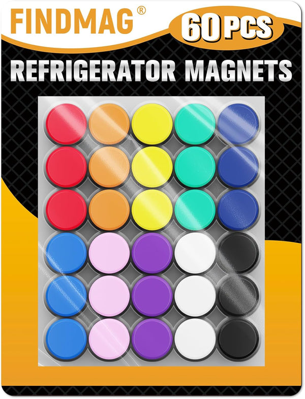 FINDMAG 60 Pack Fridge Magnets, Colorful Round Decorative Magnets for Locker, Dry Erase Board
