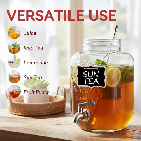 1 2 Pack 18/10 KIKCOIN Gallon Glass Drink Dispensers for Parties, Leakproof Beverage Dispenser with Stand & Stainless