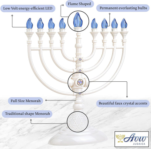 Traditional Hanukkah LED Electric Menorah, Chanukiah, Battery or USB Powered, White, 4' Micro USB Cable Included