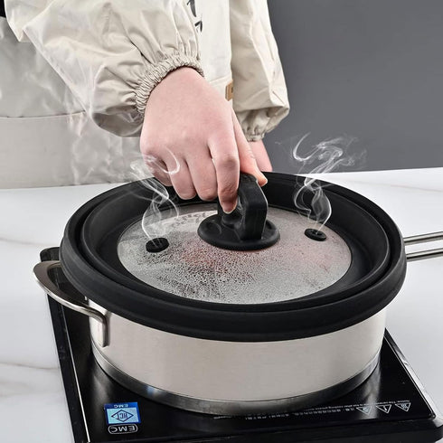 Collapsible Microwave Splatter Cover, Glass Food Cover with Handle, Silicone Steam Vents, Dishwasher Safe (10.5 inch)