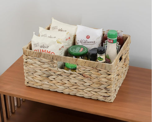 Large Wicker Basket, Water Hyacinth Wicker Storage Basket for Organizing, Rectangular Basket with Handles
