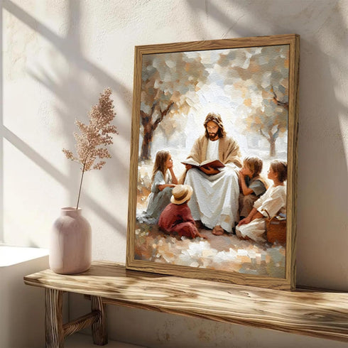 Hwetui 3D 12x16 inch Framed Jesus With Children Wall Art, Textured Christian Jesus Teaching Kids Wall Decor Paintings