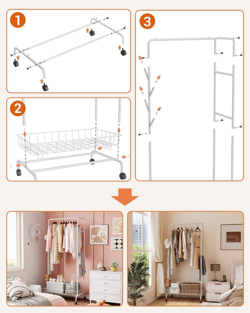 Clothes Rack, Multi-Functional Rolling Garment Rack with Metal Storage Basket and Side Flexing Bar (White)