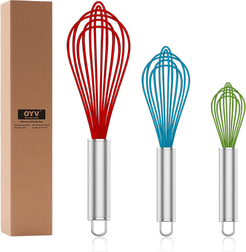 Silicone Rubber Whisk Set of 3 - Premium Non Scratch Kitchen Whisks for Nonstick Cookware, Red+Blue+Green