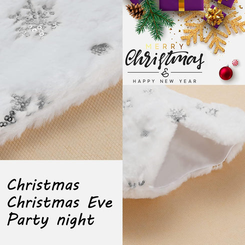 Senneny Snowy White Plush Pet Dog Christmas Stocking, Large Bone Shape Faux Fur with Silver Snowflake Sequin for