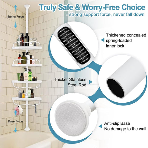 Corner Shower Caddy Tension Pole, Rustproof Organizer with 4 Adjustable Shelves for Inside Shower, 40"-120" White