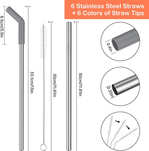 Tomorotec 6PCS Silicone Tip Stainless Steel Straws for 40oz Stanley Tumblers, 12" Long with 2 Cleaning Brushes (Morandi)