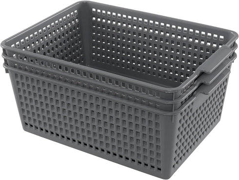 Plastic Organizing Baskets, Set of 3 Large Open Storage Bins